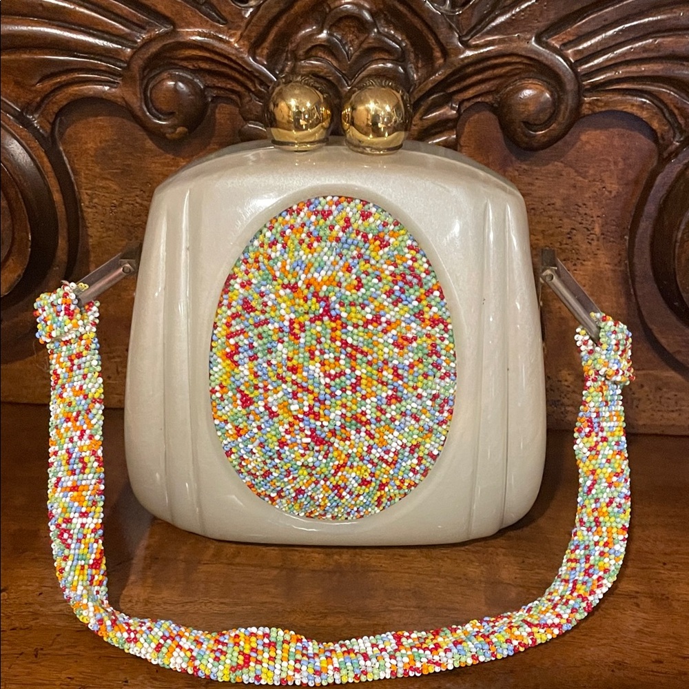 Vintage RARE 1940s  designer Art- deco Multicolor Beaded / Bakelite handbag